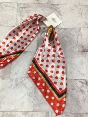 Polka Dot Satin Neck Scarf with Metallic Trim - Red & White